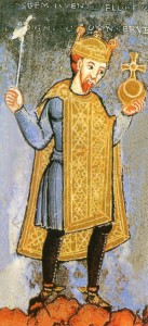 Император Генрих III (1039-1056) со скипетром и державой. Миниатюра 1040 г.