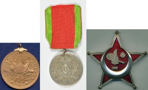Турецкие награды фон Кёвешшхаза (слева направо): "Медаль за храбрость", "Медаль за заслуги" и "Военная медаль 1915 г."