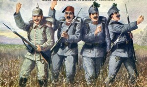 Союзники: германский, турецкий, австрийский и венгерский пехотинцы (пропагандистская открытка)