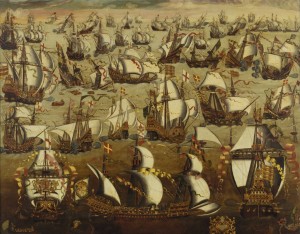 Картина работы неизвестного художника английской школы «Сражение Непобедимой армады с английским флотом» (XVI век)