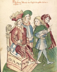 Король Альбрехт посылает посла к папе Бонифацию (миниматюра 1450 г.)