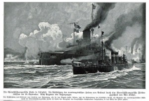 Бомбардировка черногорского порта Антивари австро-венгерской флотилией 18 августа 1914 г. На втором плане — броненосец «Будапешт».