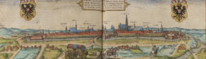 Вид на Вену примерно с юго-запада в атласе Брауна и Хогенберга 1570-х годов. За вычетом добавленных позднее бастионов, это те же укрепления что и в осаду 1529 года