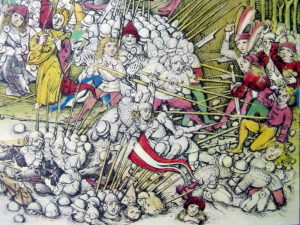 Битва при Моргартене. Миниатюра XIV века, иллюстрация к «Бернской хронике» швейцарского хрониста Дибольда Шиллинга-старшего