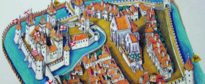 Художественная реконструкция замка и городских укреплений Гюнса в музее замка Юришичей. Масштаб по вертикали и городская застройка — условные.