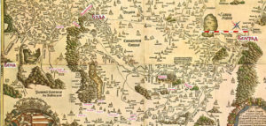 Фрагмент карты «Tabula Hungariae» (1528) с местами некоторых событий 1532 года. Составитель карты не нанёс на неё город Гюнс, как и некоторые другие места на австрийской стороне