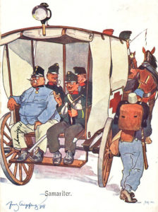 На шаржі Фріца Шьонпфлюга (1908 рік) «Добрі самаритяни» військовослужбовці санітарних військ (міжіншим й однорічний доброволець на передньому плані) з комфортом подорожують на возі. У той же час поряд йде піхотинець у повному екіпіруванні