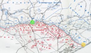 Частина італійського фронту станом на 24.10.1918 р. (Жовтий круг — район дислокації 95-го піхотного полку. Зелений круг — місце дислокації запасної роти поверненців під командуванням Станіміра.)