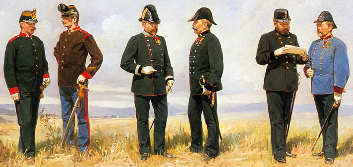 Фейерверкер Военно-технического комитета в парадной форме одежды (второй слева) и старший руководитель работ Военно-технического комитета в парадной форме одежды (первый справа)