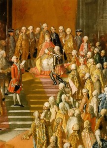 Коронация Иосифа II во Франкфурте в 1764 г. Император посвящает в рыцари, а имена кандидатов провозглашает фельдмаршал граф Гамильтон, капитан королевской гвардии.