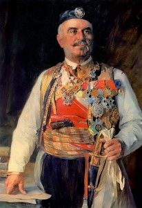 Неизвестный художник. Черногорский король Никола I Петрович-Негош. 1910-е гг. Король одет в национальный костюм, за шарф у него вложен револьвер, рукоятку которого хорошо видно.