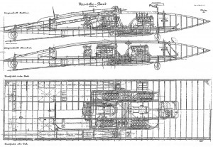 Экспериментальный торпедный катер «Ферзухсгляйтбот»: схема набора и внутреннего расположения (копия подлинного чертежа)