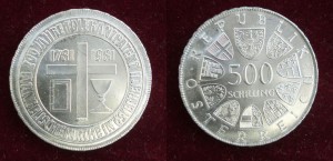 Памятная монета в 500 шиллингов, выпущенная Австрийским госбанком в честь 200-летия издания «Патента о веротерпимости»