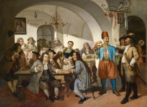 В кофейне «Синяя бутылка» посетителей встречает сам хозяин (рисунок около 1900 г.)