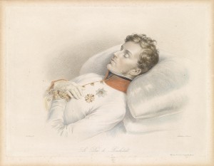 Герцог Рейхштадский Наполеон II на смертном одре (гравюра Франца Ксавьера Штёбера по оригиналу Йогана Эндера, 1832 г.)