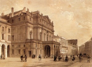 Площадь Ла Скалла, Милан (гравюра XIX века)
