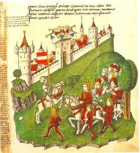 Прибытие Фридриха III в Цюрих на 19 сентября 1442 г. (Бернская хроника, 1470 г. Цюрих, Центральная библиотека)