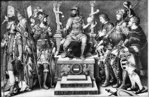 Карл V в окружении поверженных врагов (слева на право: Сулейман. папа Клемент VII, Франциск I, герцог Клевский, герцог Саксонский и ландграф Гессенский) (Джулио Кловио, сер. XVI d&)