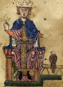 Изображение Фридриха II из его книги «De arte venandi cum avibus» (конец XIII века, Ватиканская апостольская библиотека)