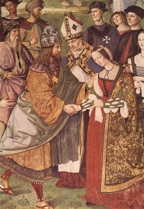 Знакомство Фридриха III с невестой Элеонорой Португальской (цикл фресок о жизни и деяниях Энея Сильвио Пикколомини, папы Пия II. Библиотека собора в Сиене)
