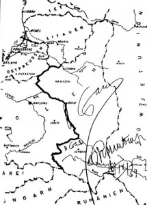Мапа з секретного додатку до Пакту про ненапад між Німеччиною та СРСР, за яким було розділено сфери вплаву у Східній Європі та розпочато Другу світову війну