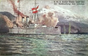 Крейсер "Кайзер Франц Йосиф І" при обстрілі гори Ловчен (Которська затока, осінь 1914.)