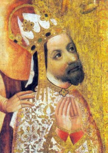 Коленнопреклоненный перед Мадонной Карл IV (Теодорих Пражский, подарочная икона архиепископу Йогану Око фон Власим, около 1370 г., фрвгмент)