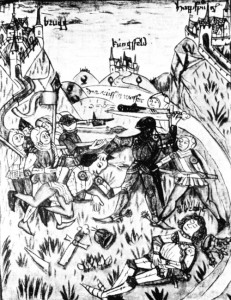 Убийство короля Альбрехта I (иллюстрация из «Хроника 95 господ» Л. Штейнройтера. Конец XIV века)