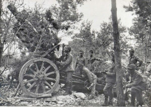 Для гаубицы М 14 предельный угол возвышения составлял 43°. На фото – орудие на позиции у Набресины, август 1917 года
