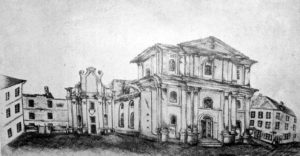 Колишній монастир Тринітаріїв, в котрому розмістився нововідкритий в 1784 році Львівський університет. Гравюра 1850 року