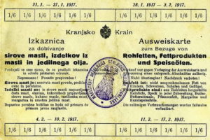 Продуктовые карточки на жиры и маслопродукты, выпущенные в словенской Крайне, январь–февраль 1917 года
