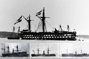 Австрийские корабли после сражения: «Кайзер» (вверху), «Драхе» (внизу слева), «Кайзер Макс» (внизу в центре), «Фердинанд Макс» (внизу справа)