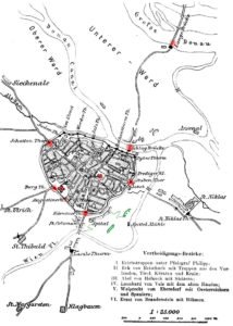 Вена и ближайшие окрестности в дни осады 1529 года. Красным помечены некоторые горячие точки осады, зелёным — главные батареи и осадные ходы османов. Нуссдорф примерно в 5 км к северу