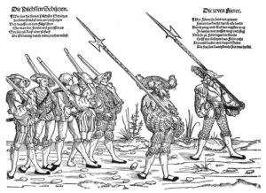 Ландскнехты-стрелки и их отделенные командиры. Часть гравюры Эрхарда Шона «Поход ландскнехтов» (ок. 1535)