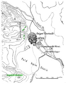 Карта Гюнса и ближайших окрестностей в период осады. Зелёным помечены батареи на высотах к западу от города и османский лагерь