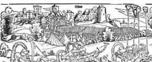 Часть гравюры Эрхарда Шона «Разрушения, учиняемые турками» (1532) с изображением условного осаждаемого города, обозначенного «Гюнс»