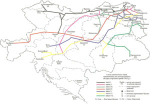 Схема залізничних ліній, призначених для розгортування австро-угорських армій (1912 р.)
