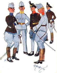 Однорічні добровольці різних родів військ (зліва направо): обозу, піхоти, артилерії, кавалерії і знову обозу. Шарж Фріца Шьонпфлюга, 1909 рік